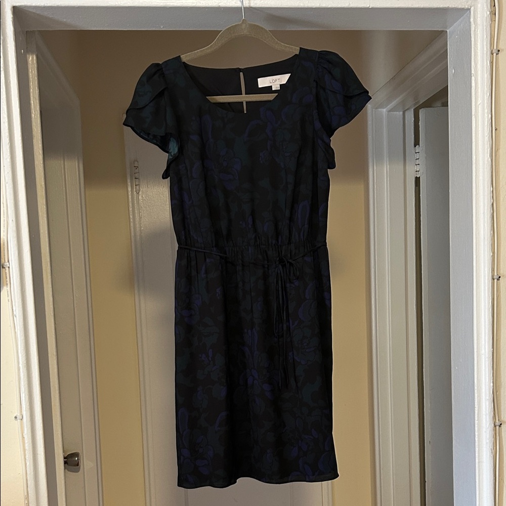 LOFT Elegant Black and Blue Floral Dress - Size 0